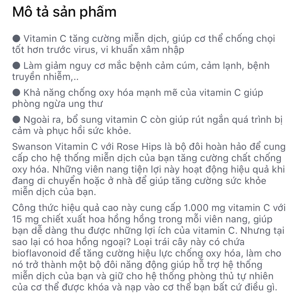 Tăng đề kháng cho cơ thể Swanson Vitamin C with Rose Hips 1000mg 90 Viên