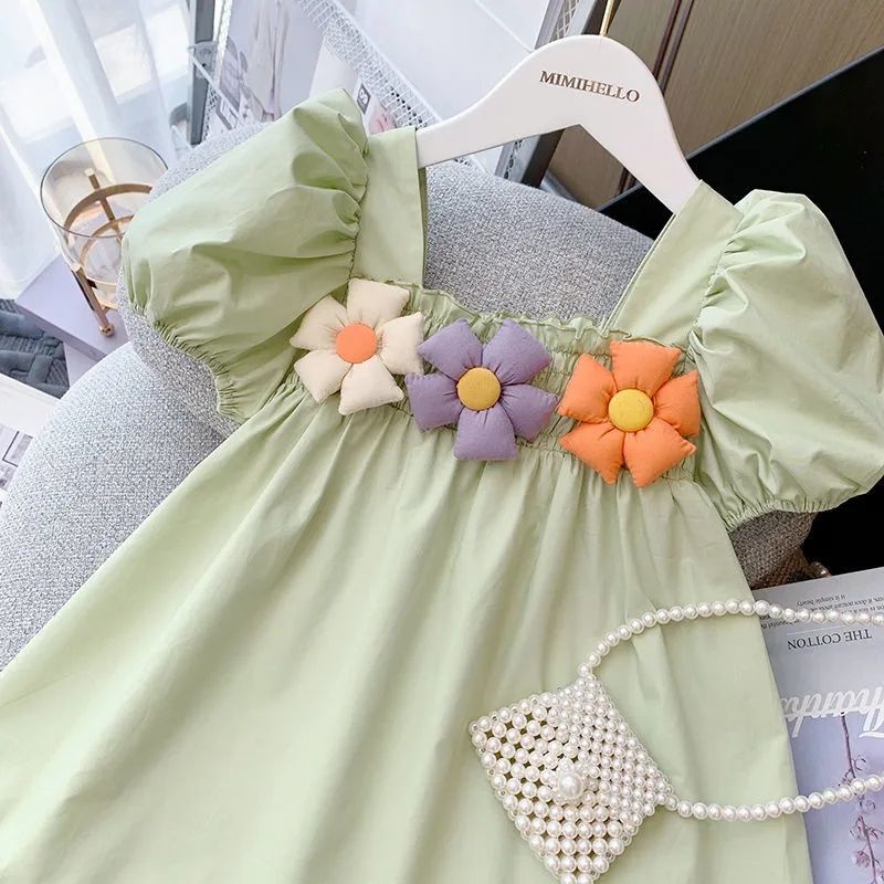 Đầm Chiffon Cổ Vuông Tay Phồng In Họa Tiết Hoa Phong Cách Pháp Thời Trang Mùa Hè Hàng Mới Dành Cho Bé Gái