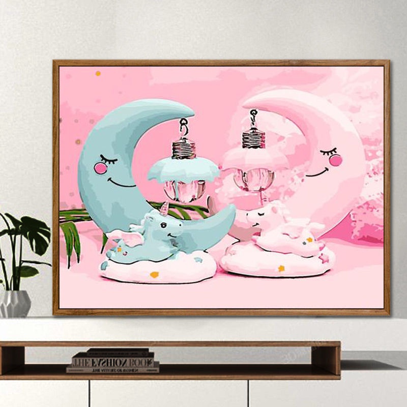 ☜Tự làm bức tranh sơn dầu kỹ thuật số màu dễ thương cô gái động vật nuôi trái tim vẽ tay trang trí nhà treo Hồng Unicorn