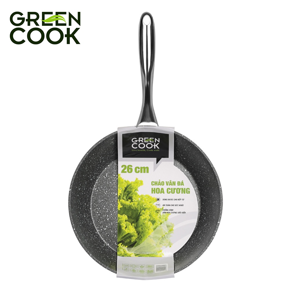 Chảo chống dính đáy từ vân đá GREEN COOK GCP08 Sâu Lòng Tay Cầm Inox Cách Nhiệt- Hàng chính hãng.