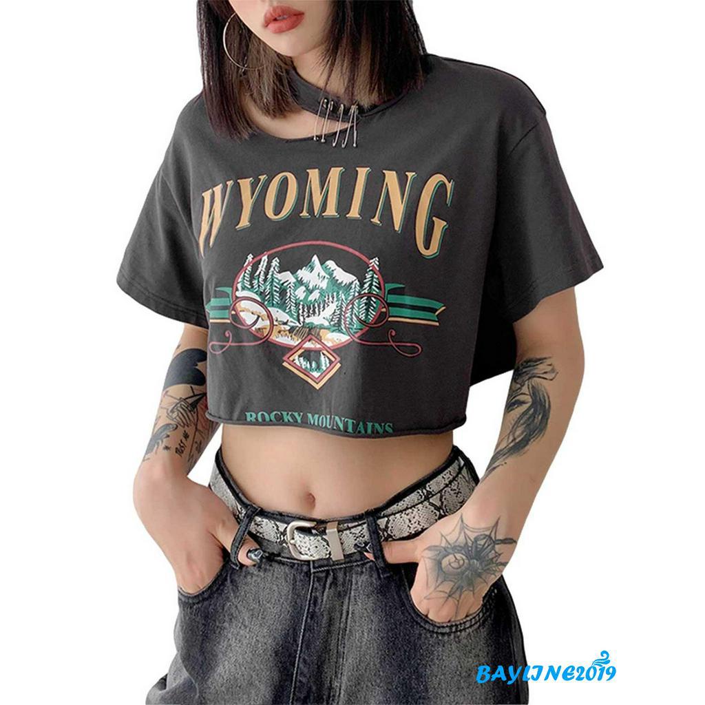 Áo Thun Lửng Ngắn Tay In Chữ Thời Trang Cho Nữ