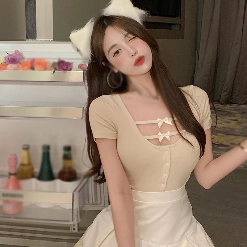 Áo Thun Ngắn Tay Phối Nơ Xinh Xắn Cho Nữ