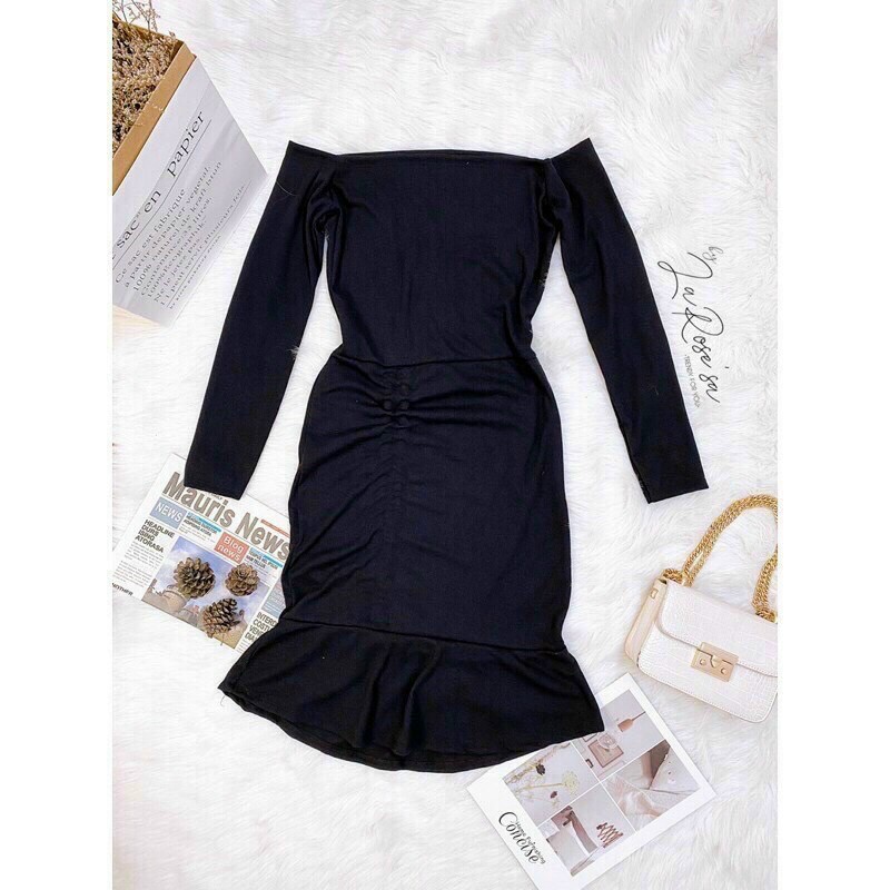 Đầm váy body rút dây màu đen đuôi cá, tạo dáng nhiều phong cách, thời trang nữ dạo phố, dự tiệc