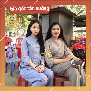 Quần Áo Phật Tử Đi Chùa, Bộ Đồ Lam Cổ Tàu Thêu Sen Vải Kate Hàng Đẹp, Mềm Mịn, Dày Dặn, Mặc Lên Thoải Mái, Dễ Chịu