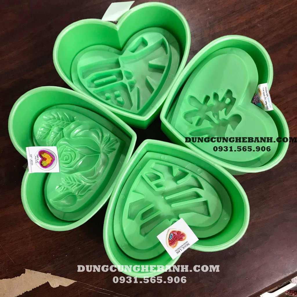 KHUÔN NHỰA ẤN XÔI ẤN CƠM HÌNH TRÁI TIM 6 MẪU PHƯỚC THỌ HOA HỒNG  SONG HỶ 15CM X 7 CM