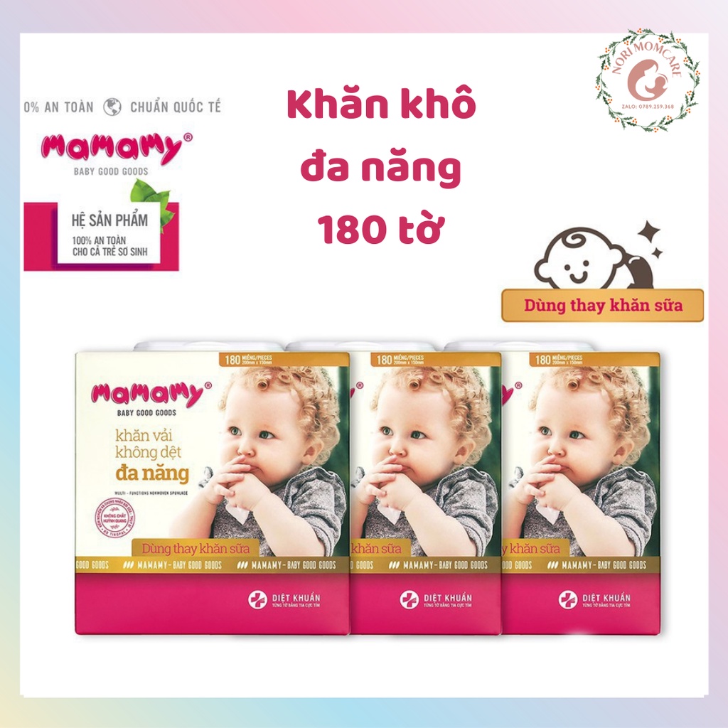 Khăn khô đa năng Mamamy, dùng thay khăn sữa, không chứa huỳnh quang, hộp 180 tờ, an toàn cho trẻ sơ sinh