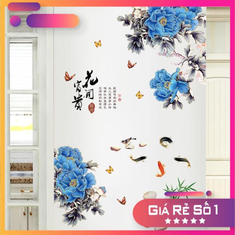[GIÁ SẬP SÀN] Tranh dán tường hoa mẫu đơn, Thư pháp chữ Hán hoa khai phú quý, Tranh 3D trang trí phòng khách