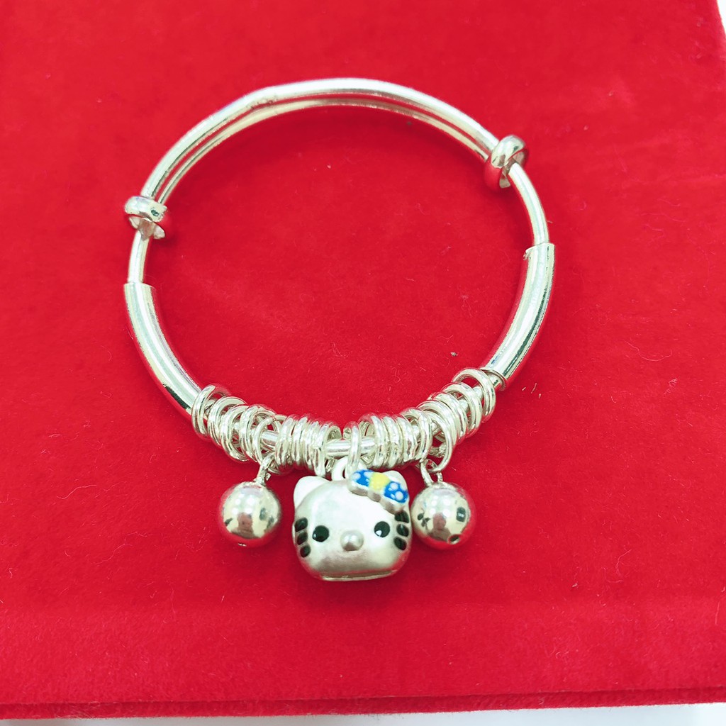 Vòng bạc trẻ em_Lắc Bạc Trơn Mèo Hello Kitty Có Chuông Bé Gái V29 MOMOMART