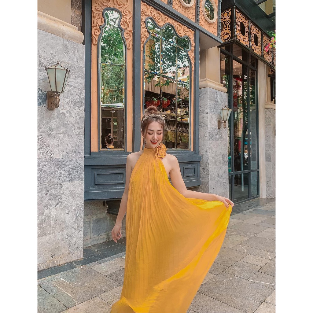 [TO05] Đầm Maxi Hở Lưng Cổ Yếm Đính Hoa - Vải Tơ Dập Li - Màu Vàng, Đỏ - Dành Cho Nàng Đi Biển, Du Lịch - ẢNH THẬT