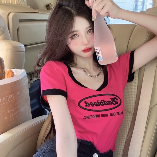 Áo thun dệt kim ZHELIHANGFEI tay ngắn in chữ thời trang cá tính cho nữ