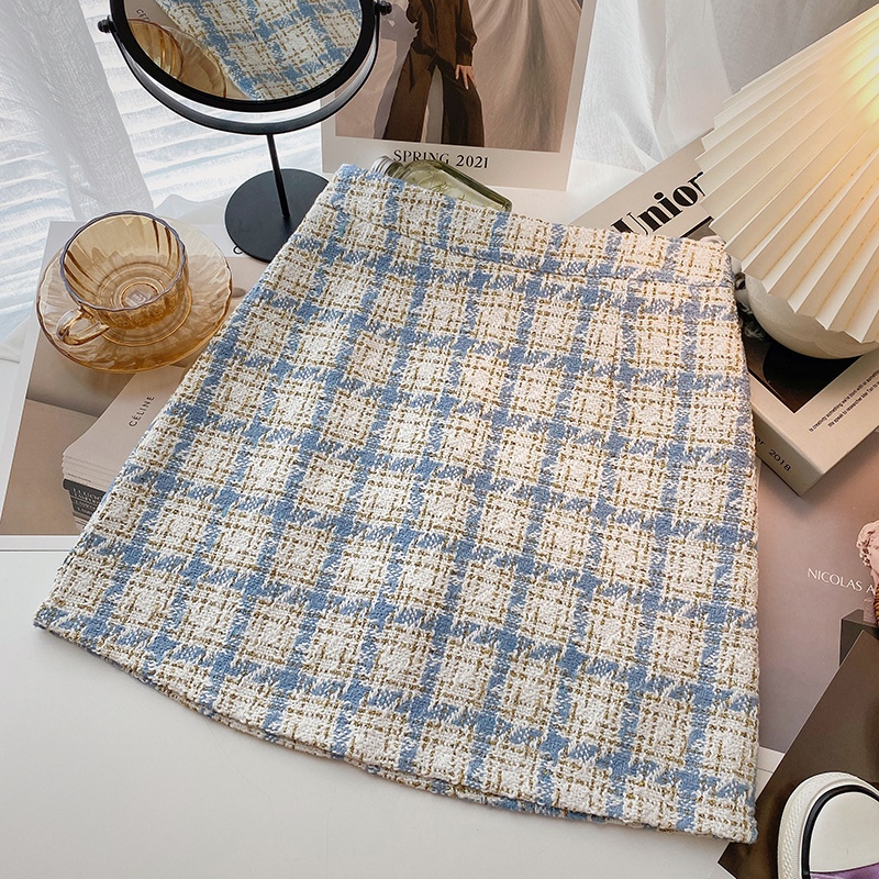 Chân Váy Chữ A Lưng Cao Kẻ Sọc Caro Phong Cách retro Hàn Quốc