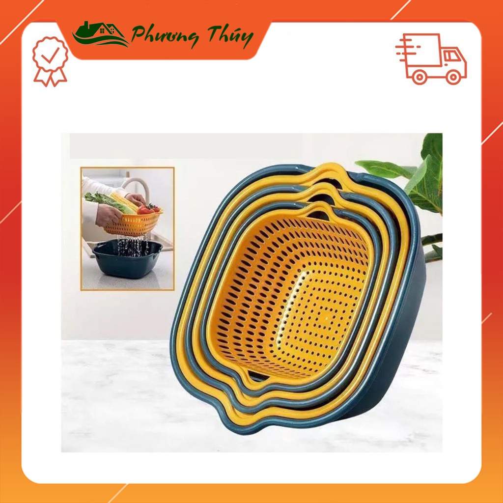 Bộ 6 Thau rổ nhựa đa năng, giá kèm chậu rửa rau củ quả nhựa an toàn