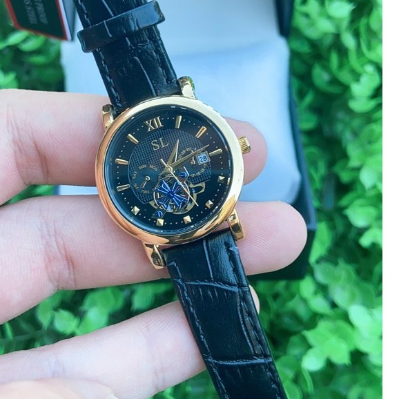 Đồng hồ nữ SL dây da viền vàng lộ máy giả cơ chạy lịch ngày chống nước chính hãng giá rẻ- Đồng Hồ Máy Nhật