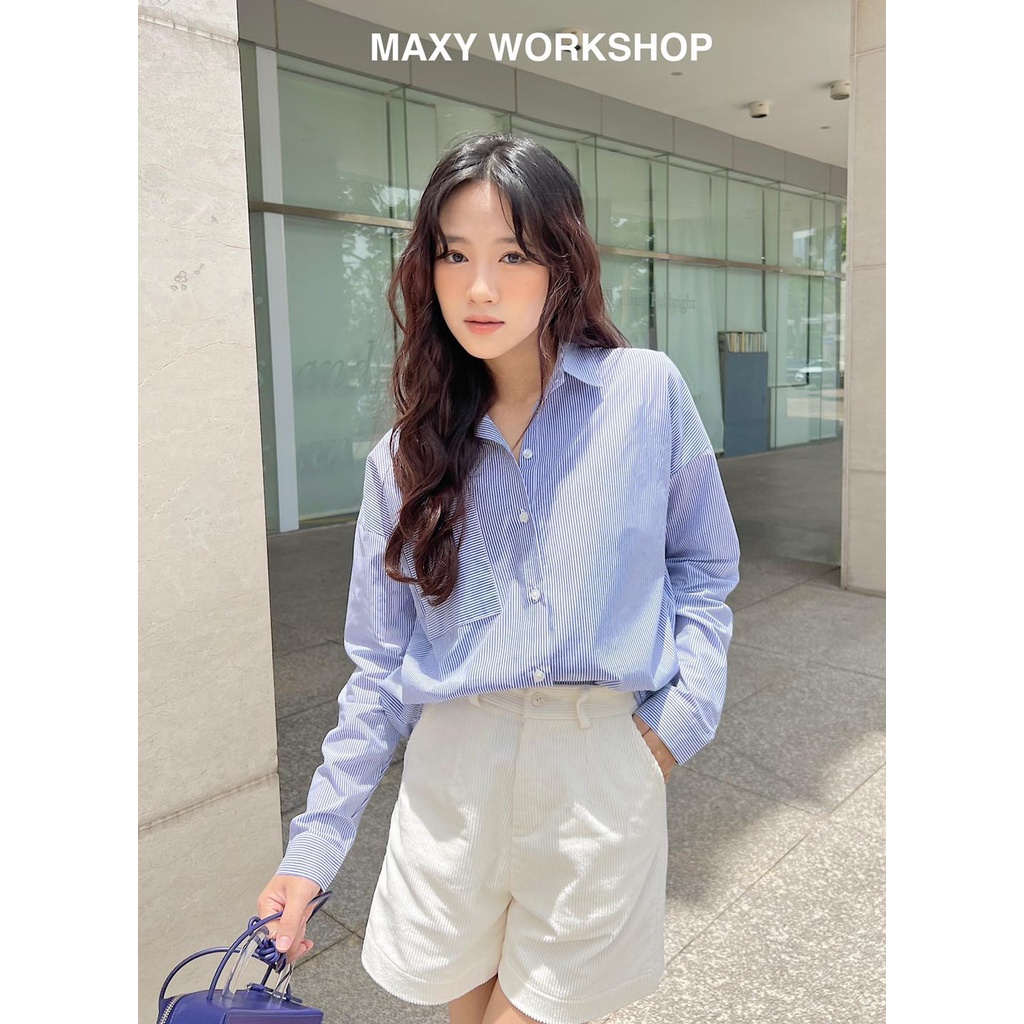 Áo sơ mi nữ tay dài có túi hoạ tiết sọc blue stripped shirt Maxy Workshop