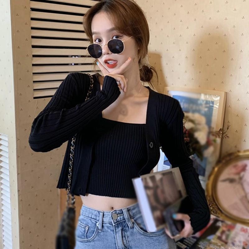 Set áo hai dây kèm áo cardigan vải dệt màu trơn thiết kế thời trang cho nữ | BigBuy360 - bigbuy360.vn