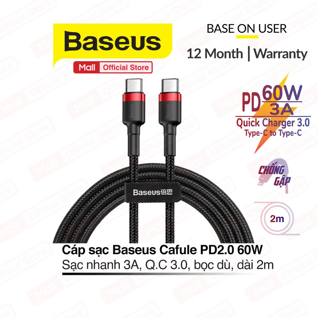 Cáp sạc Baseus Cafule Series Type-C to Type-C 60W, hỗ trợ Q.C 3.0, truyền dữ liệu tốc độ cao 480Mbps dài 2m ( Đen Đỏ )