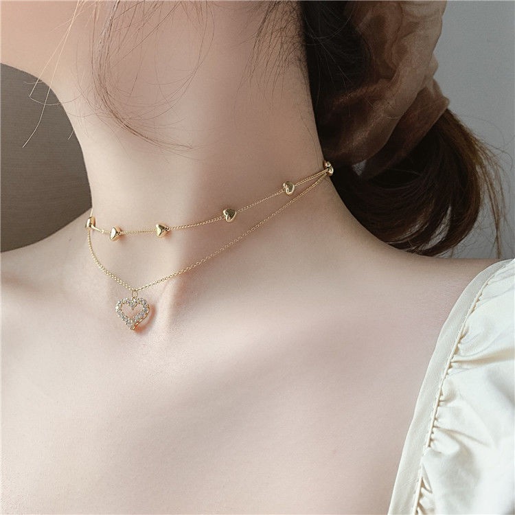 Korean gold multi-layered love full diamond necklace Japan and South Korea personality short temperament clavicle chain necklace can be detached