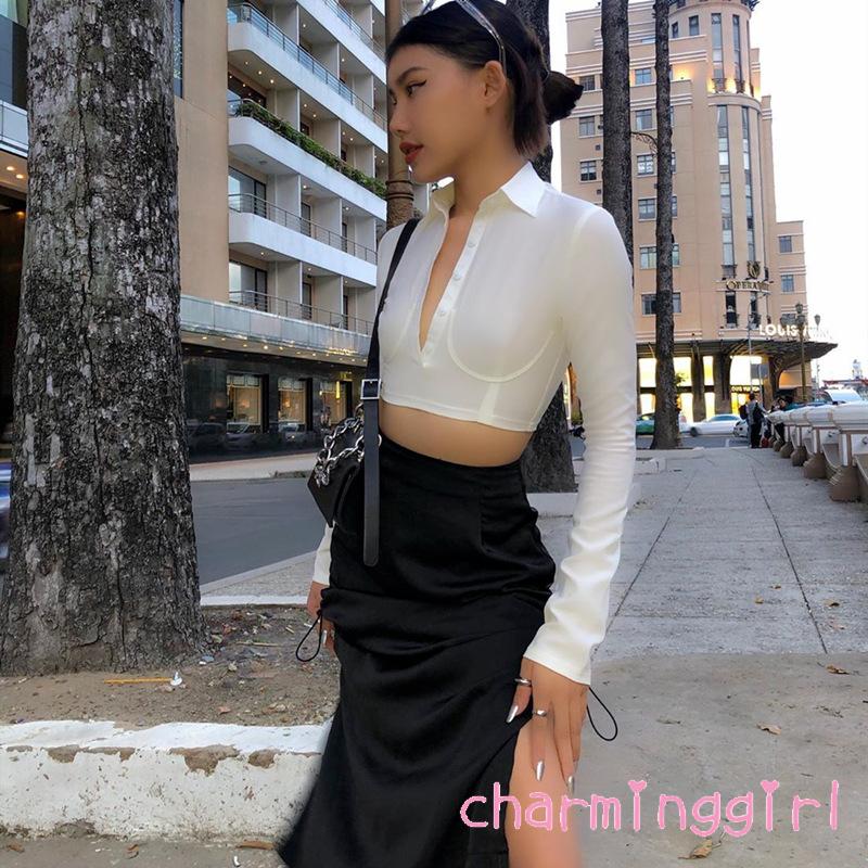 Áo Sơ Mi Thân Ngắn Tay Dài Màu Trơn Cài Một Hàng Khuy Gợi Cảm Cho Phụ Nữ