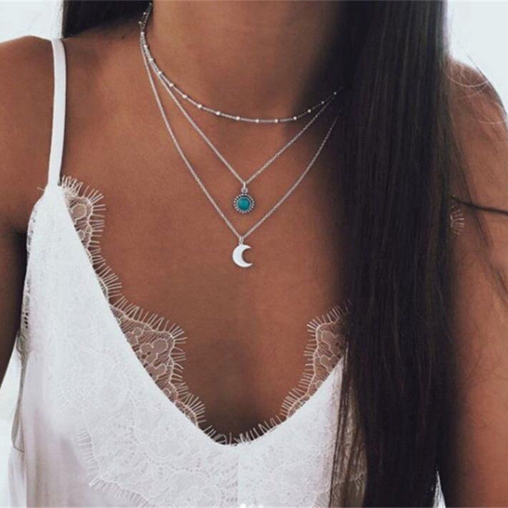 Dây chuyền nhiều lớp mặt hình trăng lưỡi liềm phong cách Boho