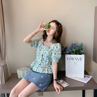 Áo sơ mi cổ vuông hoa xinh(hàng thiết kế,chất vải đẹp,đường may tỉ mỉ😍)