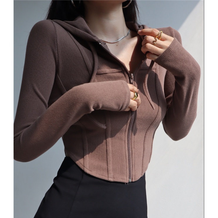 Áo Hoodie Tay Dài Ôm Dáng Có Khóa Kéo Phong Cách Âu Mỹ Quyến Rũ