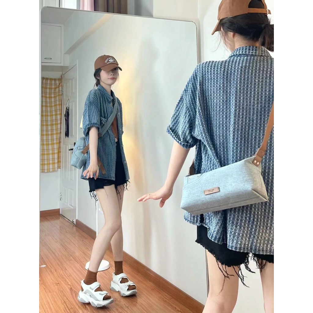 Áo Sơ Mi denim Tay Ngắn Phong Cách retro Thời Trang Hàn Quốc Dễ Phối Đồ