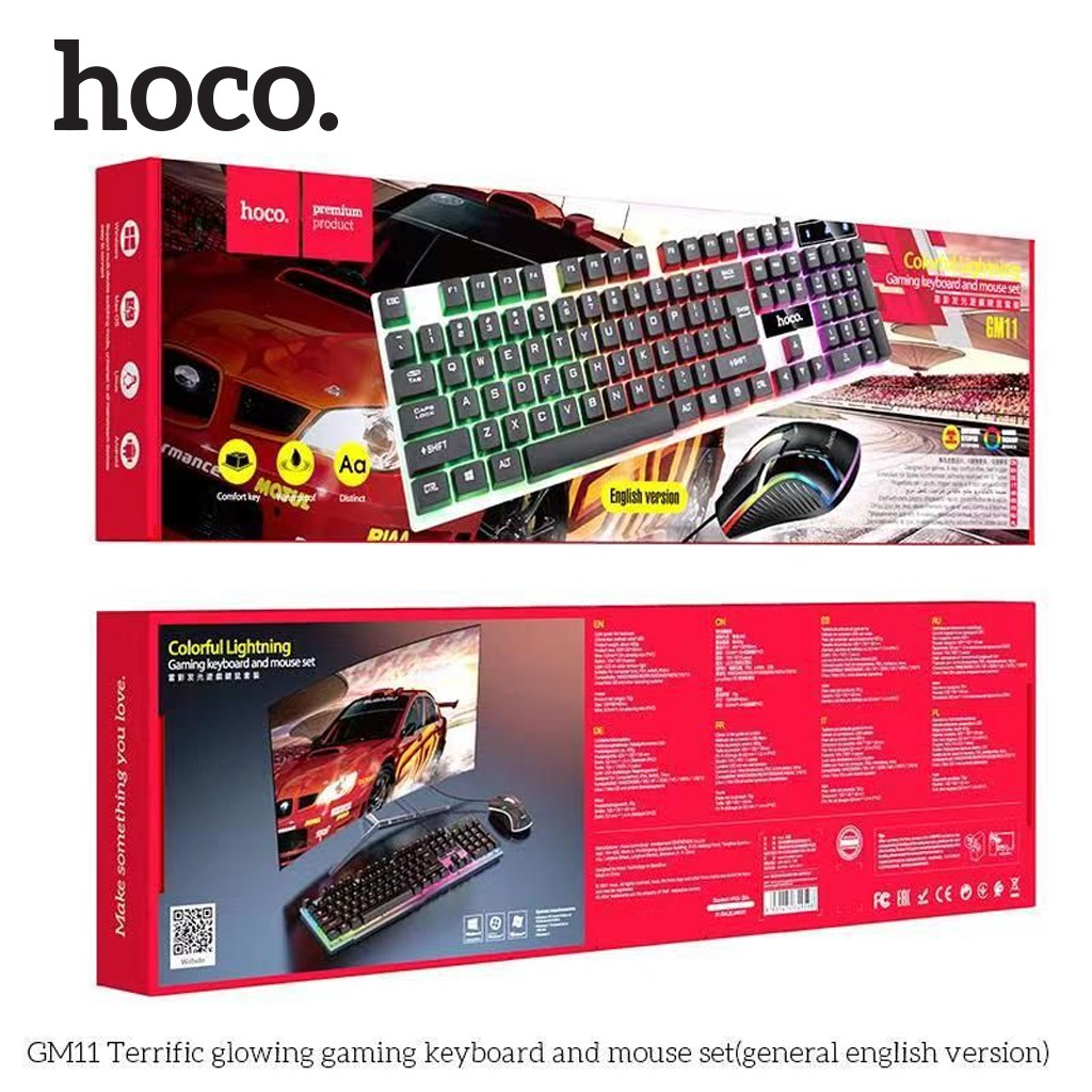 Combo Bàn phím và Chuột Hoco GM11 có dây, đèn LED RGB cầu vòng bắt mắt, 104 phím, chơi game hay làm việc rất thích