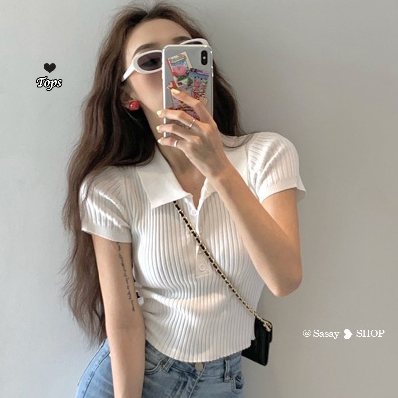 Áo thun dệt kim tay ngắn dáng ôm phong cách cổ điển Hàn Quốc cho nữ