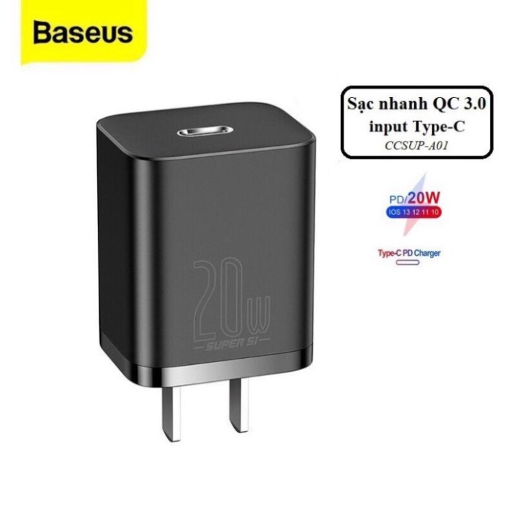 Củ sạc nhanh 20w cho iphone ipad samsung xiaomi oppo super si thiết kế nhỏ gọn chính hãng baseus