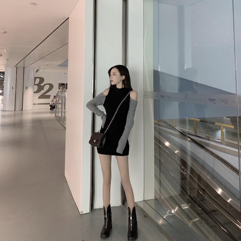 Cocory vn phụ nữ thời trang retro quây cổ tròn mỏng mông dài tay áo dệt kim mini dress