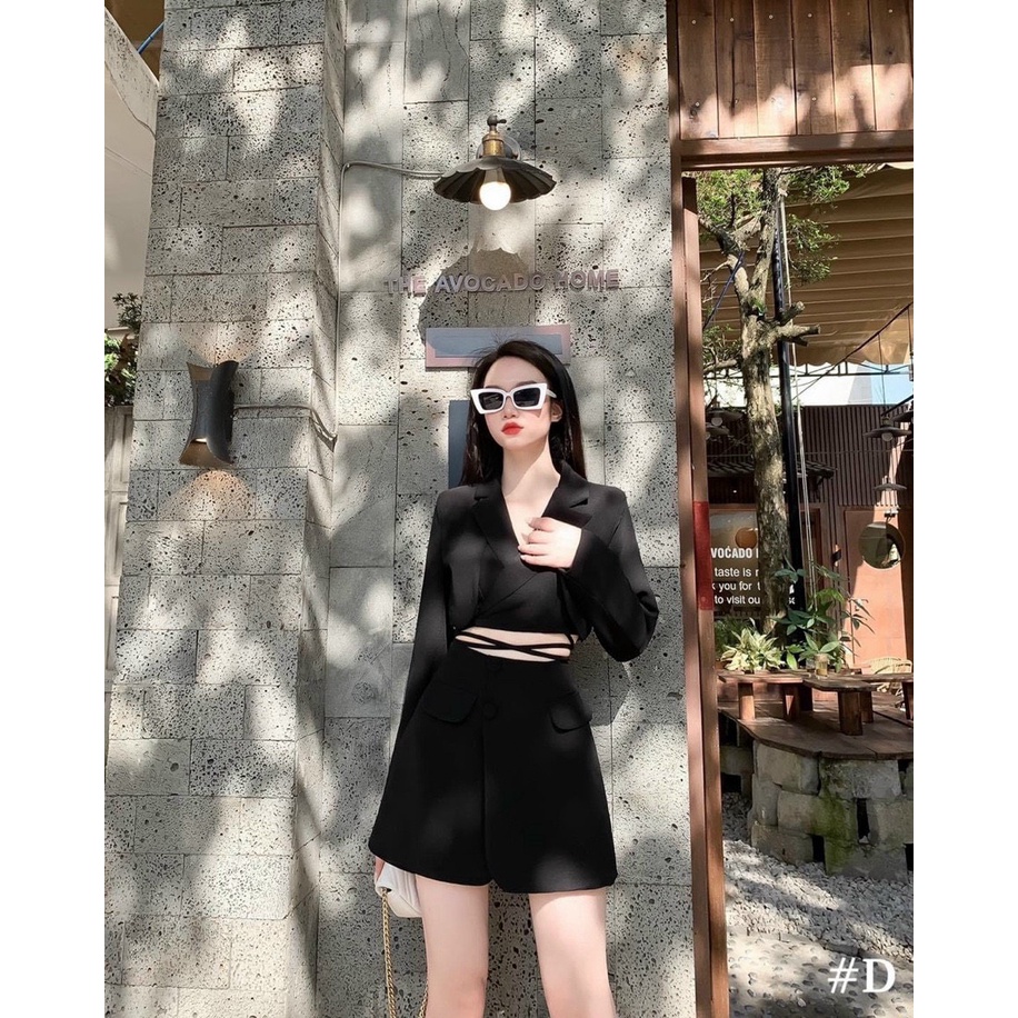 Set Bộ Áo Dạng Vest Tay Dài Thắc Dây Bụng Kèm Chân Váy Chữ A Túi Hộp Đậy Nắp Đa Dạng Màu Sắc