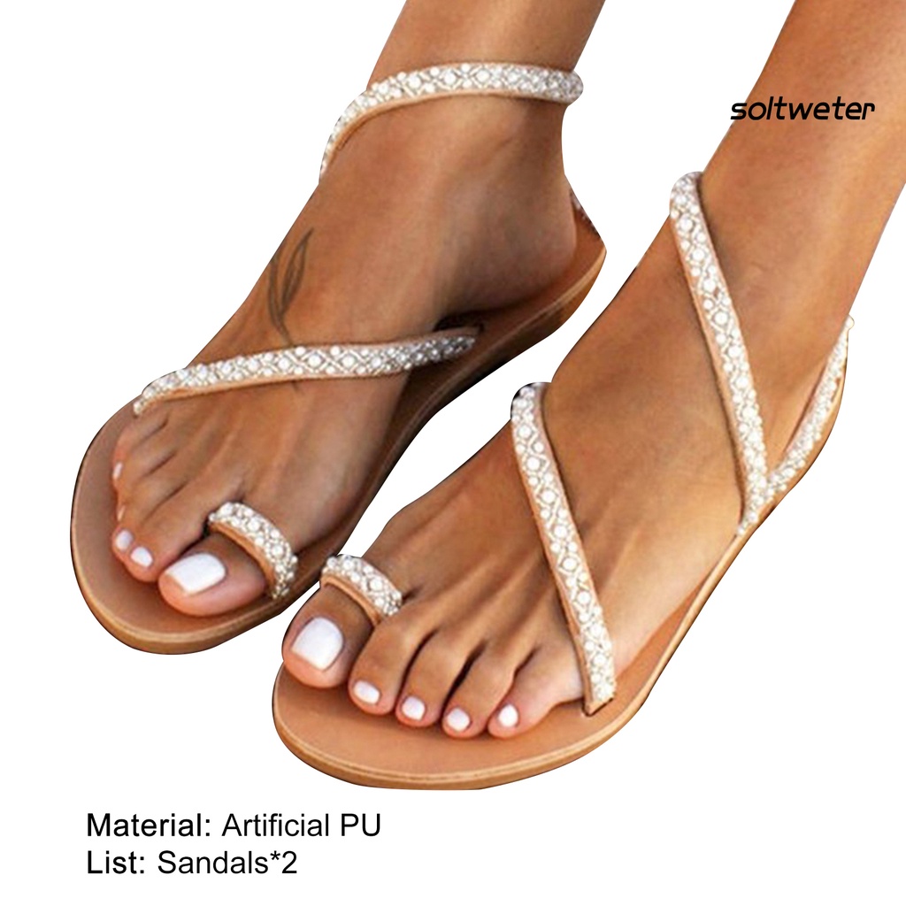 Dép sandal xỏ ngón đế bằng chống trượt đính đá thoải mái cho nữ