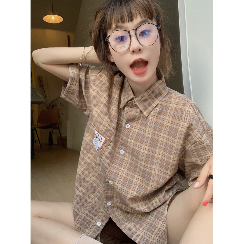Áo sơ mi tay ngắn họa tiết kẻ sọc ca rô phong cách Hàn Quốc thời trang dành cho nữ