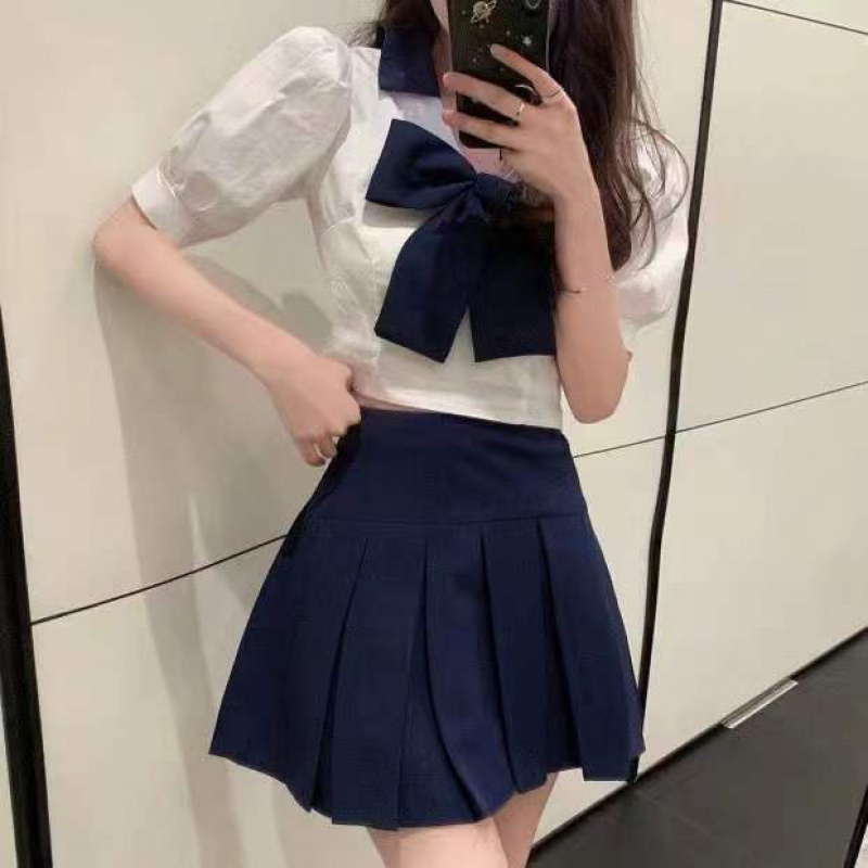 Set váy áo croptop chân váy Bộ Áo Ngắn Tay + Chân Váy Xếp Ly Lưng Cao Thời Trang Mùa Hè 2022 Mới A Eo Cao Thắt Nơ Phong Cách Pháp Ngọt Ngào Hàng Mới Cho Nữ