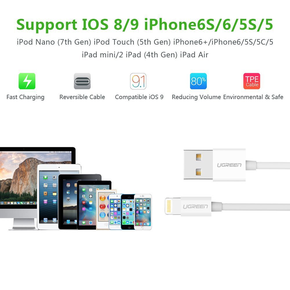 Cáp USB Lightning MFi dùng cho iPhone 5/5s/6/6s iPad hoặc iPod, dài từ 0.25-2m UGREEN US155