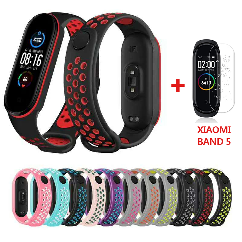 Dây Đeo Thay Thế Bằng Silicone + Miếng Dán Màn Hình Cho Đồng Hồ Thông Minh Mi Band 5