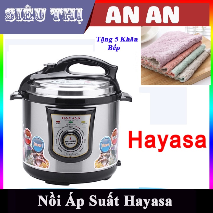 Nồi áp suất đa năng 2 tầng Hayasa nấu cơm, cháo, canh, hầm, hấp thức ăn… 6 lít màu xám BH 12 Th tặng 5 khăn bếp