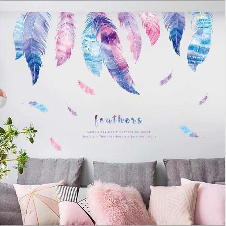 Decal dán trang trí phòng ngủ nhiều màu sắc - lông vũ sáng tạo đẹp và lãng mạn