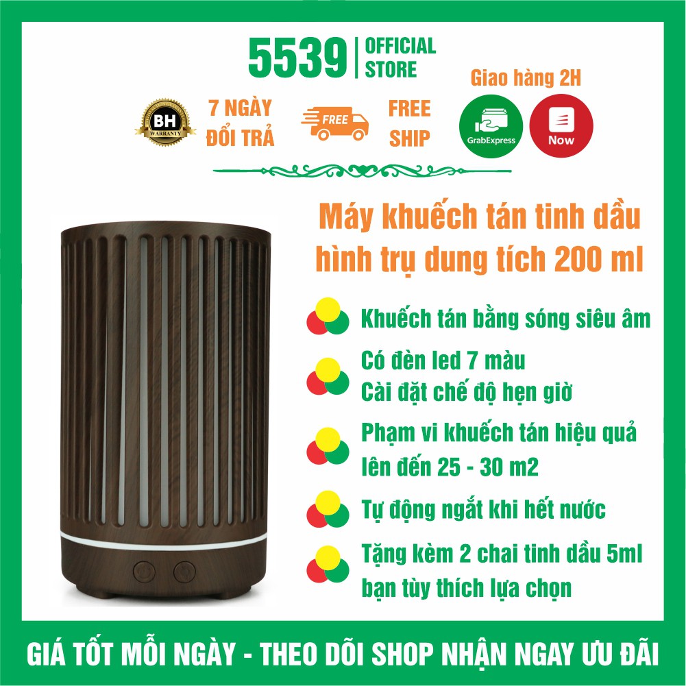 Máy khuếch tán tinh dầu siêu âm hình trụ dung tích 200 ml tặng kèm 2 chai tinh dầu 5 ml bảo hành 6 tháng - Shop 5539