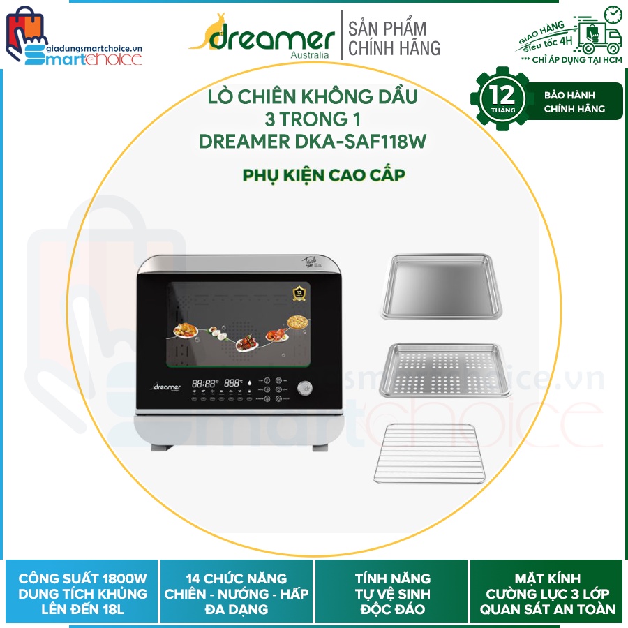 Lò chiên hơi nước 3 trong 1 Dreamer DKA-SAF118W, Chiên - Nướng - Hấp, Điều khiển cảm ứng, Công suất 1800W, Tự vệ sinh