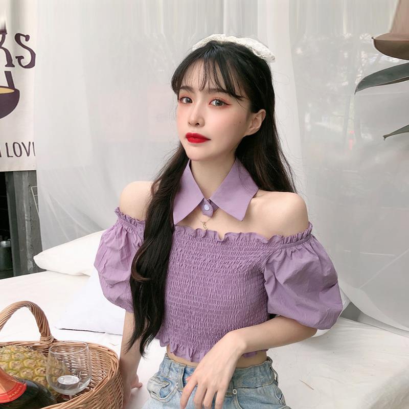 Áo Kiểu Tay Phồng Ngắn Hở Vai Màu Tím Phong Cách Hàn Quốc Thời Trang Mùa Hè Dành Cho Bạn Nữ