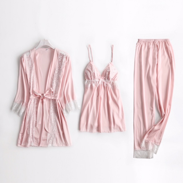 Set 3 món 2 dây lụa satin phối ren kèm choàng KELLY WANG SX236 - hàng cao cấp ( hình thật 2 hình cuối)