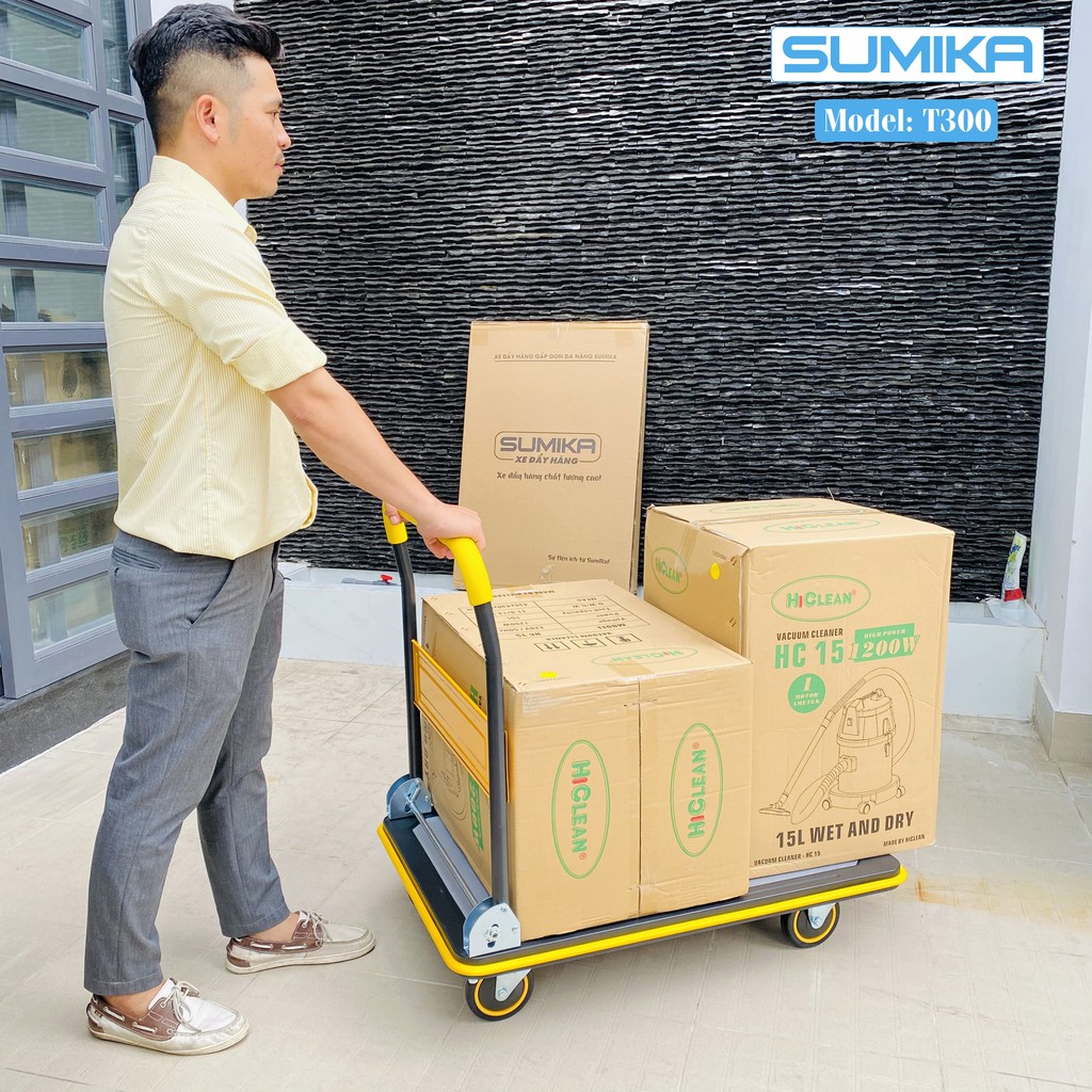 Xe đẩy hàng 4 bánh SUMIKA T300, tay cầm gấp gọn, sàn thép bọc nhựa, bánh xe nhựa PU đàn hồi, tải trọng 300kg