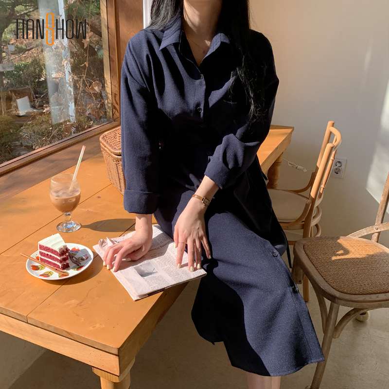 Đầm sơ mi nữ tay dài buộc eo phong cách Hàn Quốc