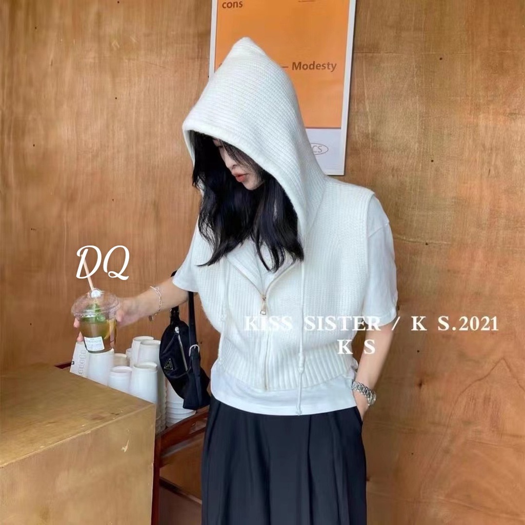 Áo gile len mũ khoá dáng croptop trẻ trung năng động hàng QC
