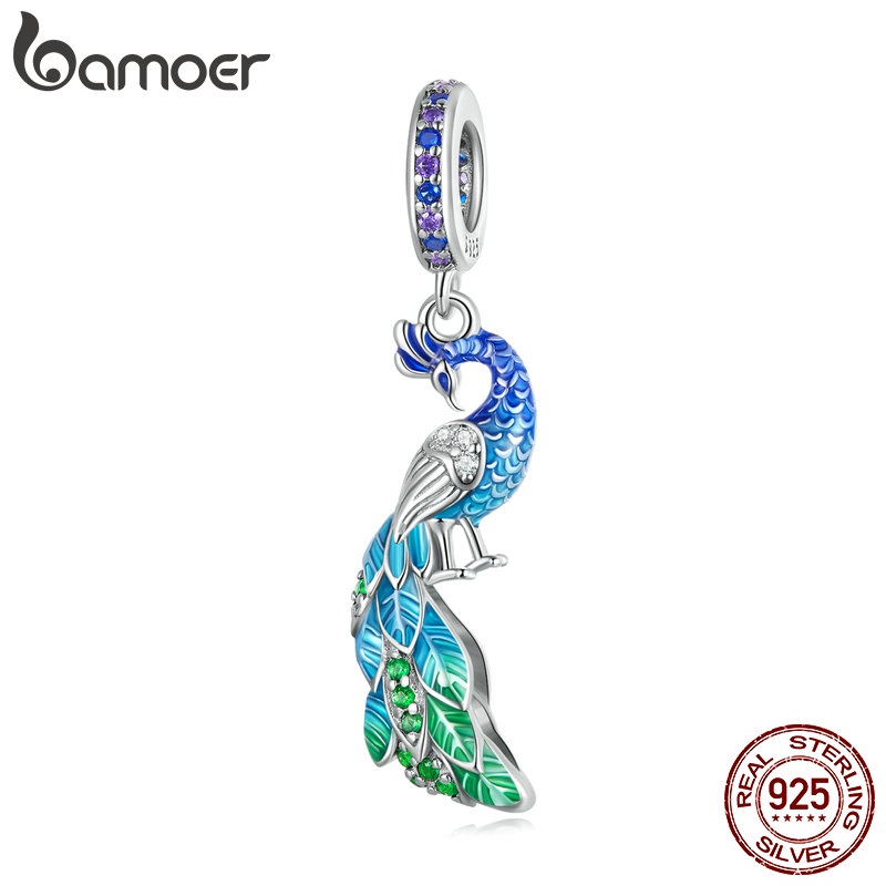 Mặt vòng cổ BAMOER bằng bạc 925 hình chim công thời trang