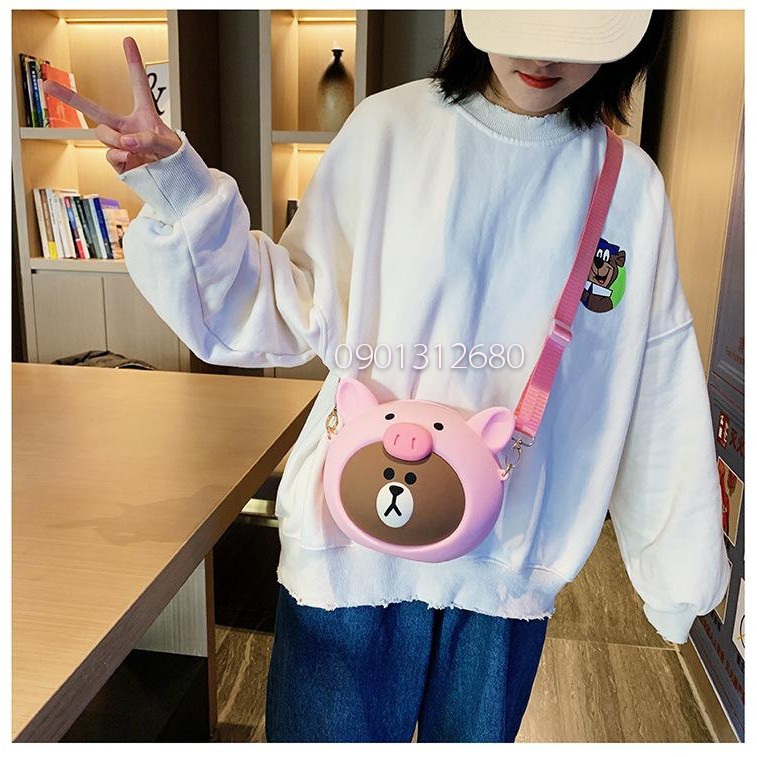 Túi silicon đeo chéo cho mẹ và bé đầu Gấu Brown thỏ Cony Line Friend