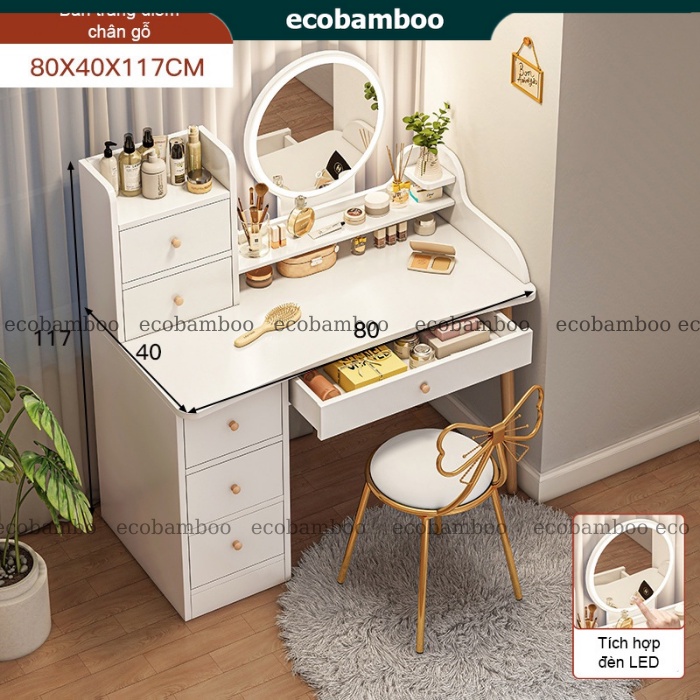 Bàn trang điểm, bàn phấn phòng ngủ có ngăn kéo để đồ tiện lợi kèm gương tích hợp đèn LED kèm nút cảm ứng thông minh