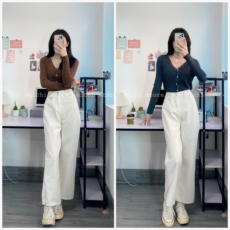 quần bò suông ống rộng kaki xẻ gấu hichi
