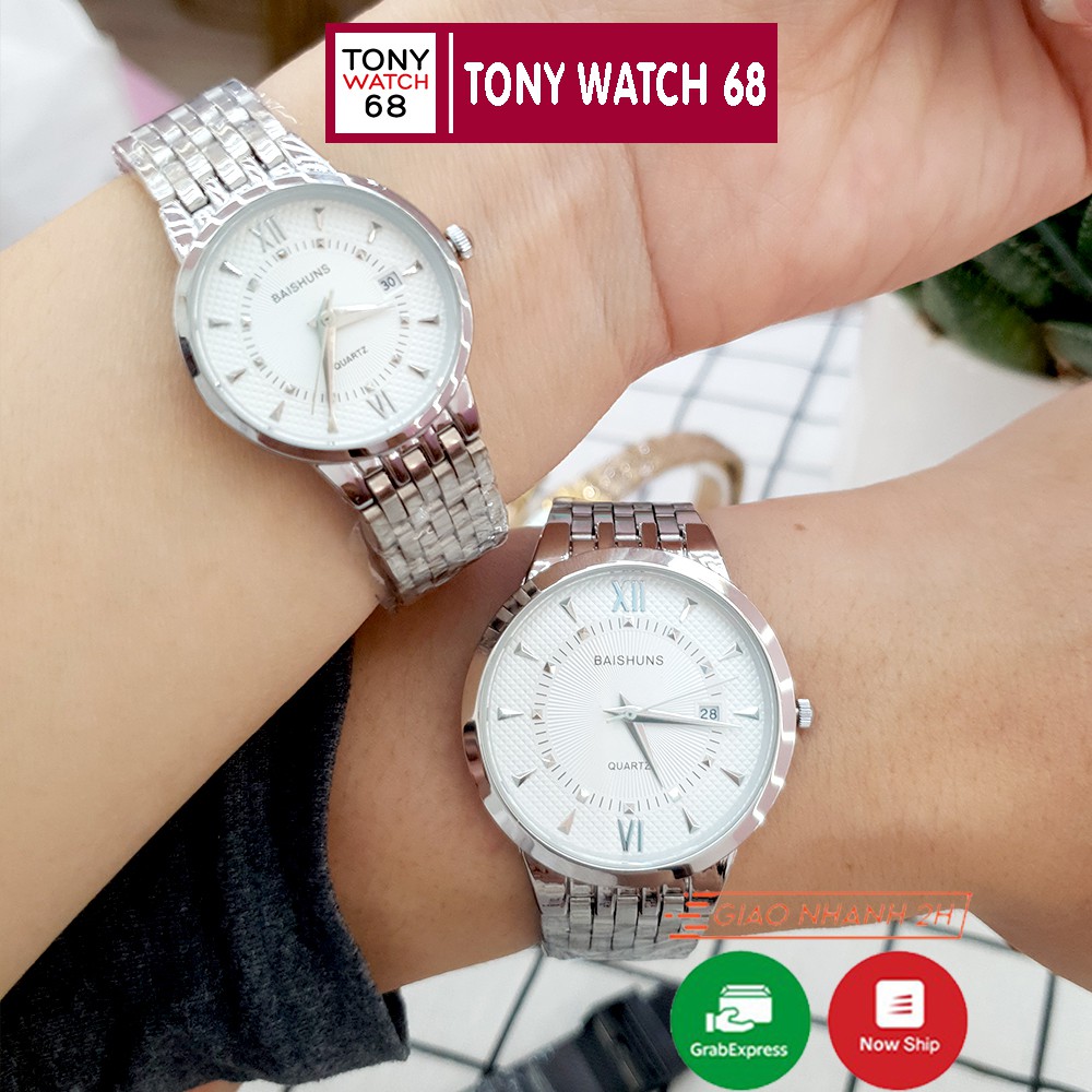 Đồng hồ cặp đôi nam nữ Baishuns mặt tròn trắng dây kim loại bạch kim chính hãng Tony Watch 68 | BigBuy360 - bigbuy360.vn